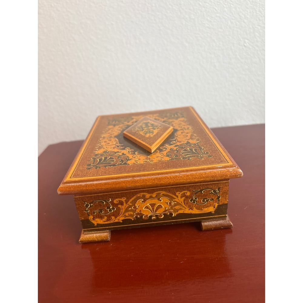 Vintage Marquetry Wood Jewelry Box Inlay Footed Pink Tufted Satin Lining Trinket - Picture 7 of 8